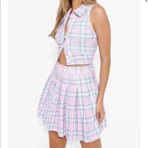 Boohoo Pastel Check Collared Crop & Tennis Skirt